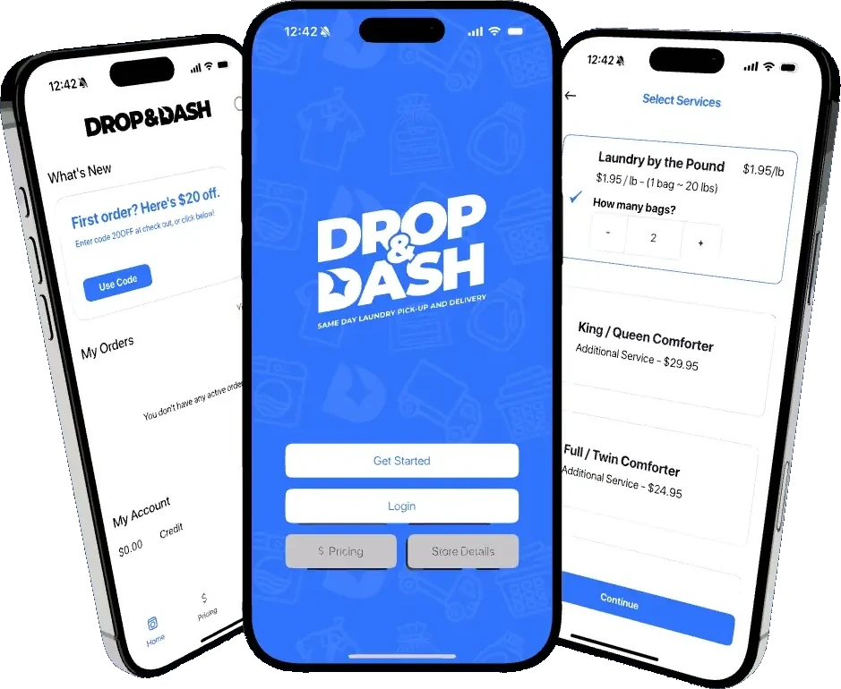 Three screens of the Drop & Dash app: home, sign-in, and service selection